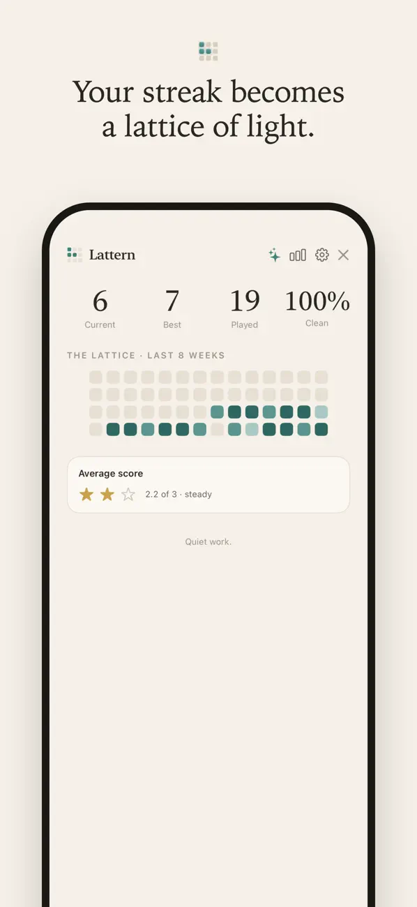 The Lattice: a daily memory game streak drawn as a calendar of light